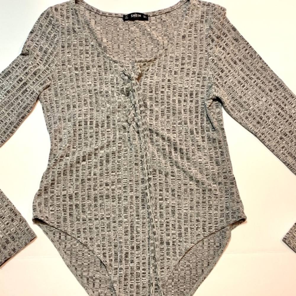Shein Long Sleeve Gray Lace Up Bodysuit top